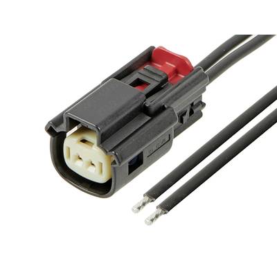Czarny elektryczny złącz z dwoma przewodami, odpowiedni do podłączenia w urządzeniach elektronicznych lub pojazdach.