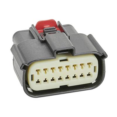 Czarny elektryczny złącz wtykowy z wieloma stykami pinowymi, powszechnie stosowany w przemyśle motoryzacyjnym.