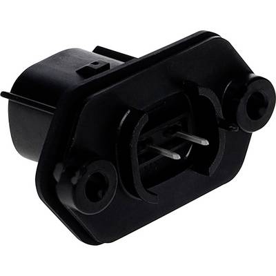 Czarny złącz elektryczny z dwoma metalowymi stykami, przeznaczony do podłączania urządzeń elektronicznych.