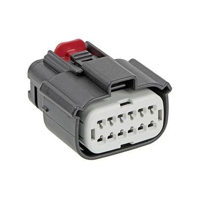 Czarny elektryczny wtyk z wieloma stykami, z czerwoną blokadą boczną.