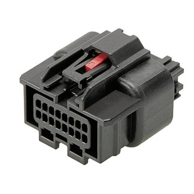 Czarny wielobiegunowy elektryczny złącze wtykowe z czerwonym elementem blokującym, stosowany w systemach okablowania pojazdów.