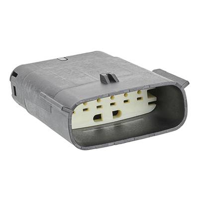Prostokątna, szara wtyczka z tworzywa sztucznego z wieloma złączami, prawdopodobnie element urządzenia elektrycznego lub elektronicznego.