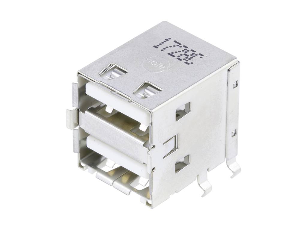 Podwójne złącze USB w srebrnej metalowej obudowie, odpowiednie do połączeń elektrycznych i przesyłania danych.