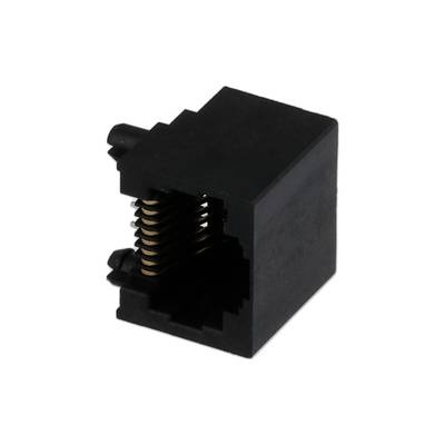 Czarny adapter keystone RJ45 w kształcie kwadratu, z widocznymi metalowymi paskami stykowymi pośrodku.