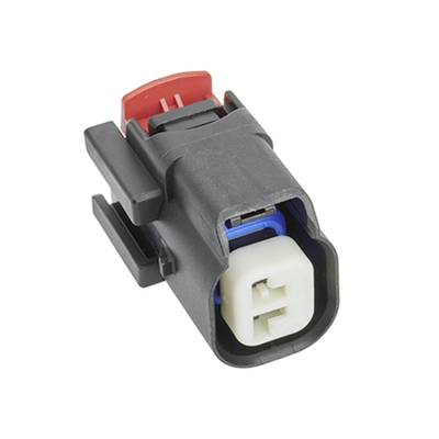 Czarny elektryczny złącz wtykowy z czerwonym i niebieskim wkładem, typowy dla zastosowań motoryzacyjnych.