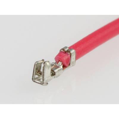 Czerwony kabel z metalowym wtykiem znajduje się na białym tle. Wtyk ma kształt prostokąta z zaokrąglonymi narożnikami.