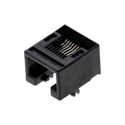 Czarny wtyk modularny RJ45 8P8C w widoku bocznym, przedstawiający styki i obudowę z tworzywa sztucznego. Stosowany do połączeń sieciowych.