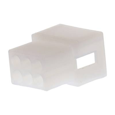 Biały, prostokątny wtyk plastikowy z sześcioma otworami. Element ten jest stosowany w połączeniach elektronicznych.