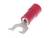 Czerwony izolowany końcówka kablowa z oczkiem, powszechnie stosowana w elektrotechnice do bezpiecznego podłączenia przewodu.