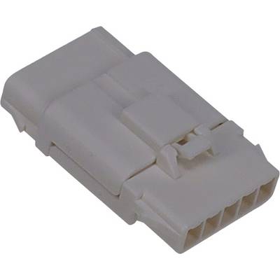 Biały plastikowy złącze elektryczne z pięcioma gniazdami pin, używane do łączenia elementów elektronicznych lub przewodów.
