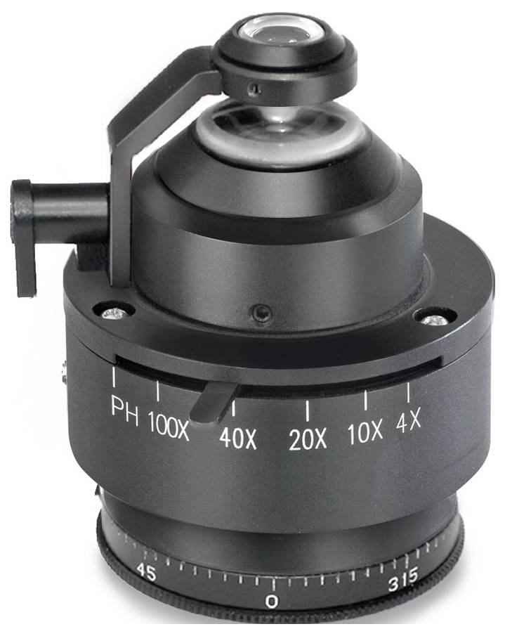 Czarny obiektyw mikroskopowy z regulacją powiększenia i ostrości, oznaczony zakresem powiększeń od 4X do 100X.
