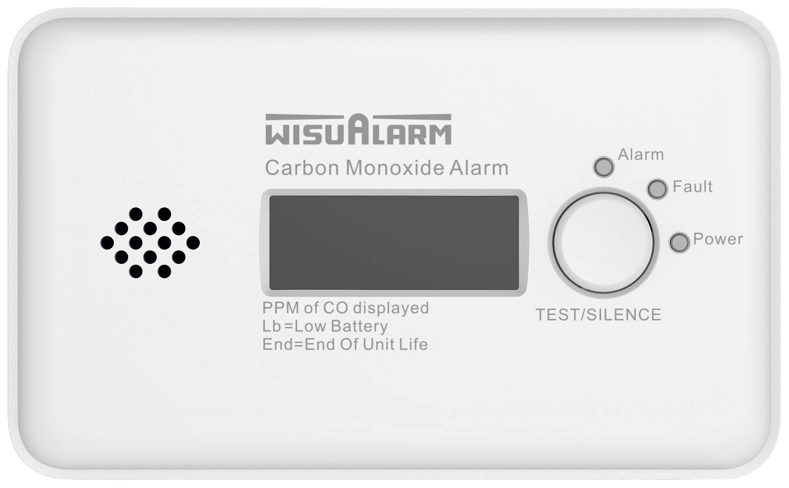 Czujnik tlenku węgla z wyświetlaczem cyfrowym oraz przyciskiem testu/wyciszenia. Wyświetla stężenie CO w ppm, stan baterii oraz stan alarmu.