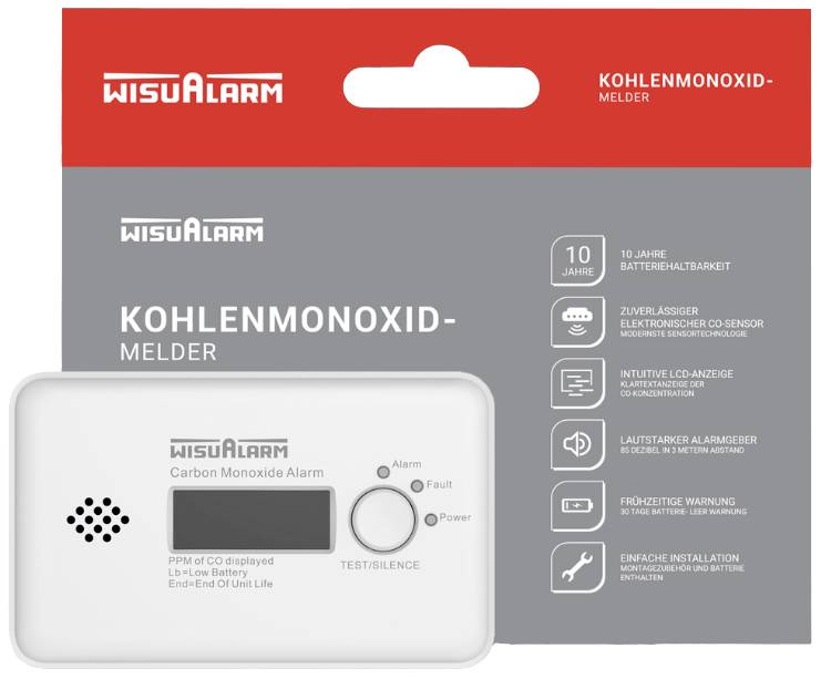 Czujnik tlenku węgla w białym opakowaniu z czerwonymi i szarymi elementami. Funkcje: alarm dźwiękowy, żywotność baterii 10 lat.