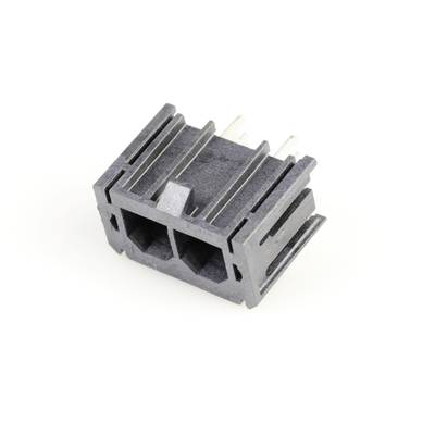 Czarny, prostokątny wtyk plastikowy z dwoma gniazdami i metalowymi stykami, przeznaczony do połączeń elektronicznych.