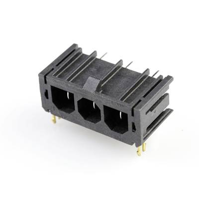 Czarny, prostokątny wtyk elektryczny z trzema otworami przyłączeniowymi i złotymi stykami u podstawy.