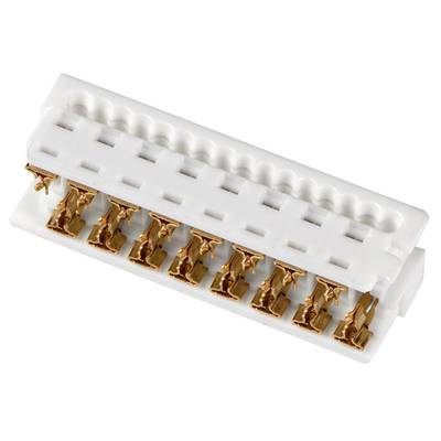 Biały złącze z wieloma złotymi stykami, stosowany do połączeń elektronicznych.