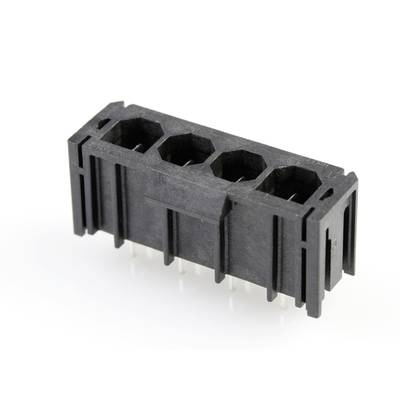 Czarny plastikowy złącze z czterema gniazdami i metalowymi stykami, służący do elektrycznego połączenia urządzeń.