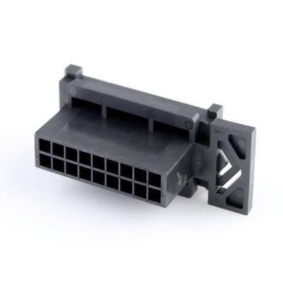 Czarny złącze Molex z 18 prostokątnymi stykami, elementami mocującymi z boku oraz napisem na górnej powierzchni.