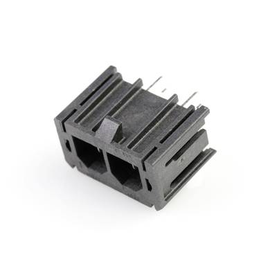 Wtyk plastikowy z dwoma otworami i metalowymi stykami, stosowany do połączeń elektronicznych.