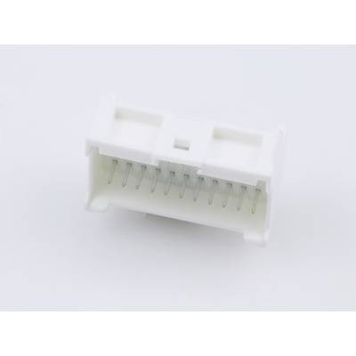 Biały wtyk plastikowy z wieloma metalowymi stykami. Adapter do połączeń elektronicznych, stosowany typowo na płytkach drukowanych.