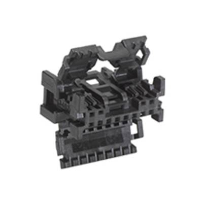 Czarny element z tworzywa sztucznego, prawdopodobnie elektroniczny złącz lub adapter, z kilkoma miejscami do wpinania i zabezpieczania.