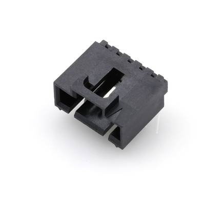 Czarny plastikowy wtyk z dwoma prostokątnymi gniazdami i mechanizmem blokującym na górnej powierzchni.