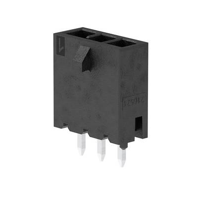 Czarny wtyk lub obudowa gniazda z trzema metalowymi stykami, często stosowane w obwodach elektronicznych lub połączeniach.