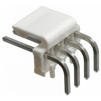 Biały, prostokątny element elektryczny z czterema zaggiętymi metalowymi bolcami rozciągającymi się poniżej, używany do łączenia w urządzeniach elektronicznych.