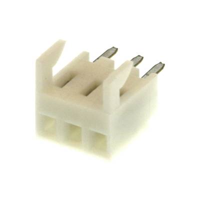 Biały wtyk z tworzywa sztucznego z trzema stykami metalowymi, przeznaczony do połączeń płytek drukowanych w urządzeniach elektronicznych.