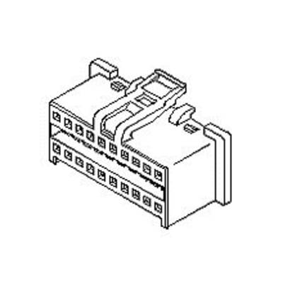 Czarno-białe diagram przedstawia wtyczkę elektryczną z dwoma rzędami styków pinowych oraz zatrzaskiem blokującym u góry.