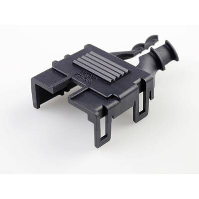 Czarny element z tworzywa sztucznego z hakami i rowkami. Może być przeznaczony do zastosowania w kontekście technicznym lub mechanicznym.