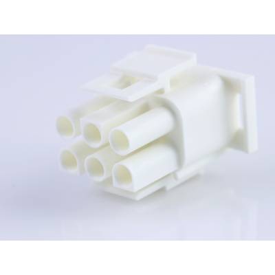 Biały plastikowy wtyk z sześcioma okrągłymi stykami, używany do połączeń elektronicznych. Leży na białym tle.