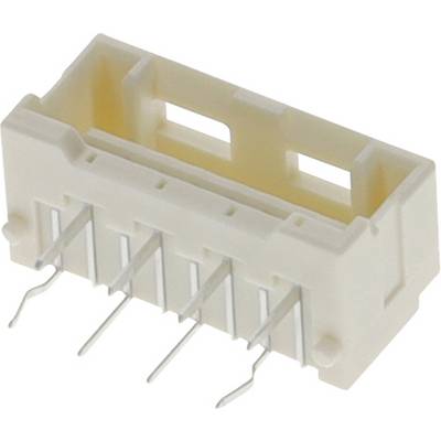 Biały plastikowy złącze z pięcioma metalowymi pinami wystającymi od spodu, używane do połączeń elektronicznych.