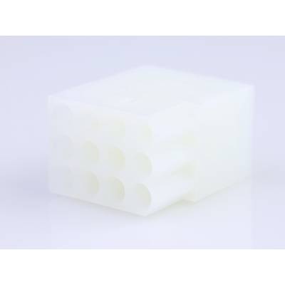 Biały, nieprzezroczysty wtyk plastikowy z wieloma gniazdami, prawdopodobnie przeznaczony do połączeń elektronicznych.