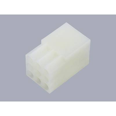 Biały, prostokątny wtyk plastikowy z sześcioma otworami na szarym tle.