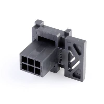 Czarny wtyk plastikowy firmy Molex z wieloma kwadratowymi otworami, zamontowany bocznie, prawdopodobnie przeznaczony do połączeń elektronicznych.