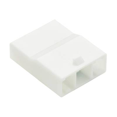 Biały, prostokątny kawałek plastiku z dwoma otworami. Prawdopodobnie adapter elektryczny lub obudowa.
