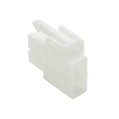 Biały, prostokątny wtyk plastikowy, prawdopodobnie złącze elektryczne, na neutralnym tle.