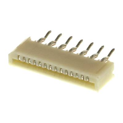 Złącze elektroniczne z ośmioma pinami w rzędzie. Wystające metalowe styki do połączeń płytek drukowanych.