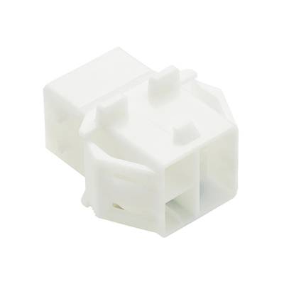 Biała, prostokątna plastikowa wtyczka z dwoma otworami na gniazda, widok z boku. Element techniczny do połączeń elektrycznych.