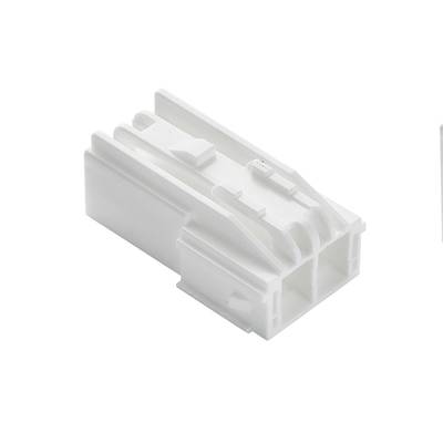 Biały wtyk plastikowy o prostokątnym kształcie z wieloma nacięciami i konturami, prawdopodobnie przeznaczony do połączeń elektrycznych.