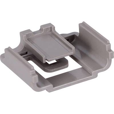 Zbliżony kadr szarego plastikowego klipsa z prostokątnym otworem i dwoma zaciskami bocznymi, prawdopodobnie używanego do mocowania małych obiektów lub części.