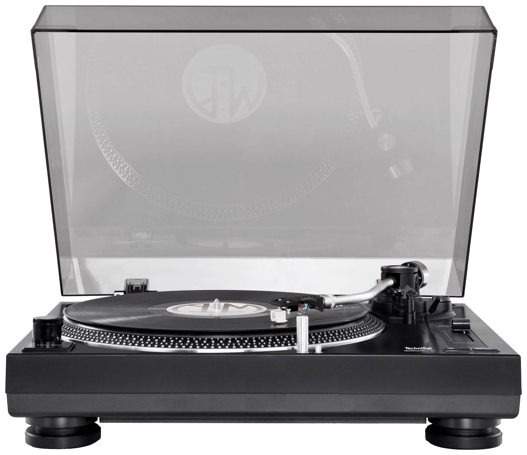 Gramofon z przezroczystą pokrywą, czarną podstawą i leżącą płytą.