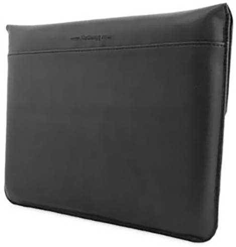 Czarna, smukła skórzana saszetka na laptopa o minimalistycznym designie, odpowiednia do ochrony laptopa lub tabletu.