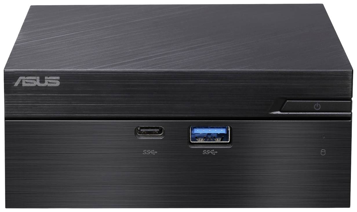 Prostokątny, czarny dodatkowy dysk Asusa z dwoma złączami USB z przodu i delikatnym logo Asusa w lewym górnym rogu.