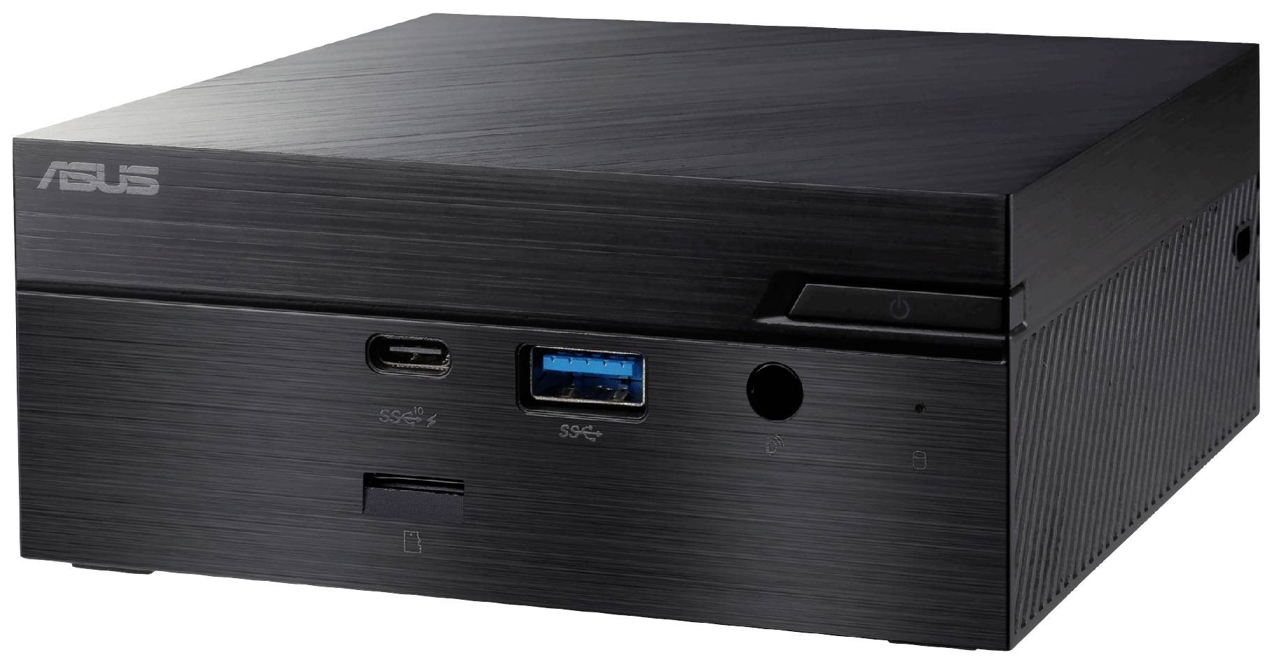 Czarny, kwadratowy mini-komputer Asusa z portami USB i gniazdami audio z przodu, przeznaczony do kompaktowych rozwiązań komputerowych.
