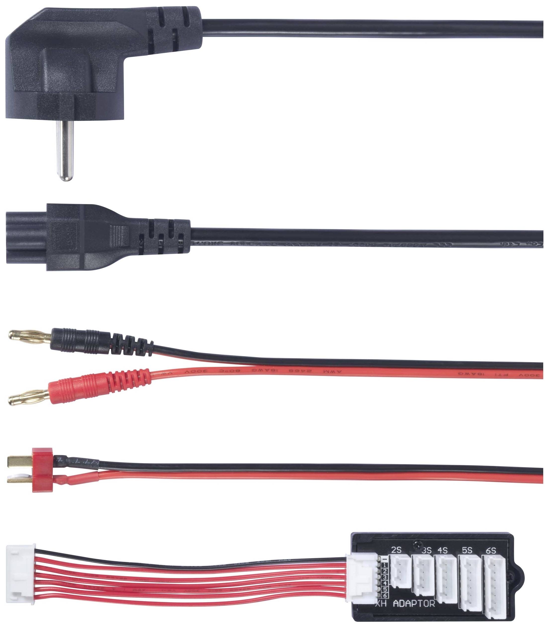 Kilka rodzajów kabli: przewód zasilający, kabel z wtyczkami bananowymi oraz adapter balansujący z wieloma złączami.