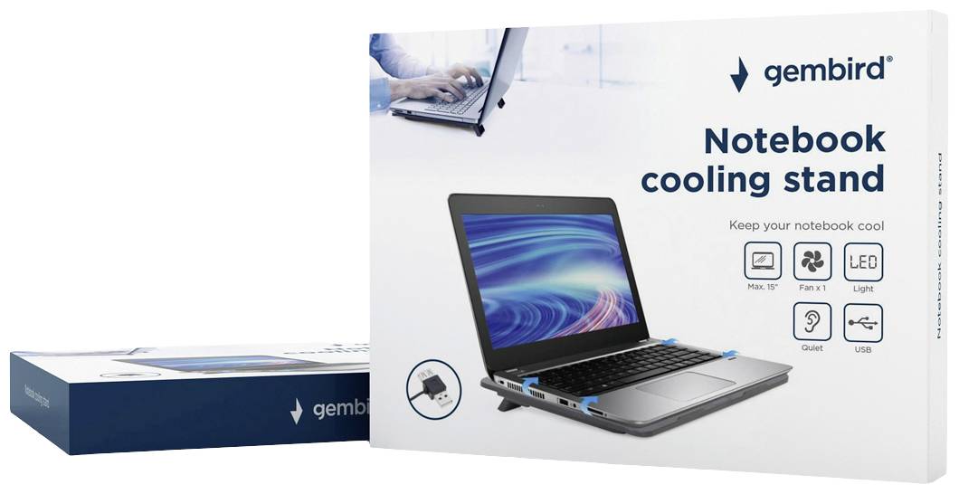 Opakowanie 'Gembird Notebook Cooling Stand' przedstawia laptopa na podstawce chłodzącej. Piktogramy: laptop 15", 1 wentylator, LED, lekka, cicha, USB.