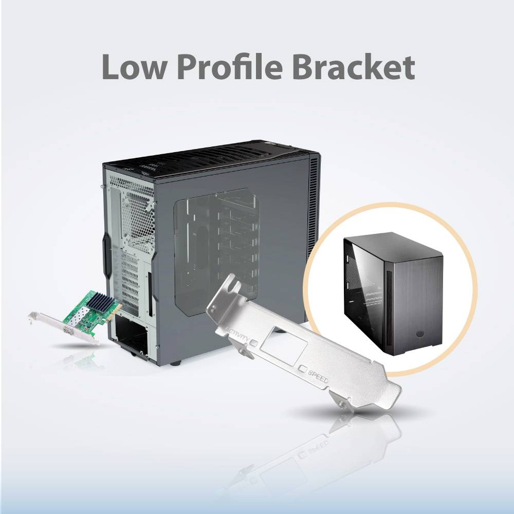 Wentylator obudowy i szyna montażowa do kompaktowego komputera. Po lewej stronie przedstawiono zamontowany adapter karty sieciowej, po prawej małą obudowę.