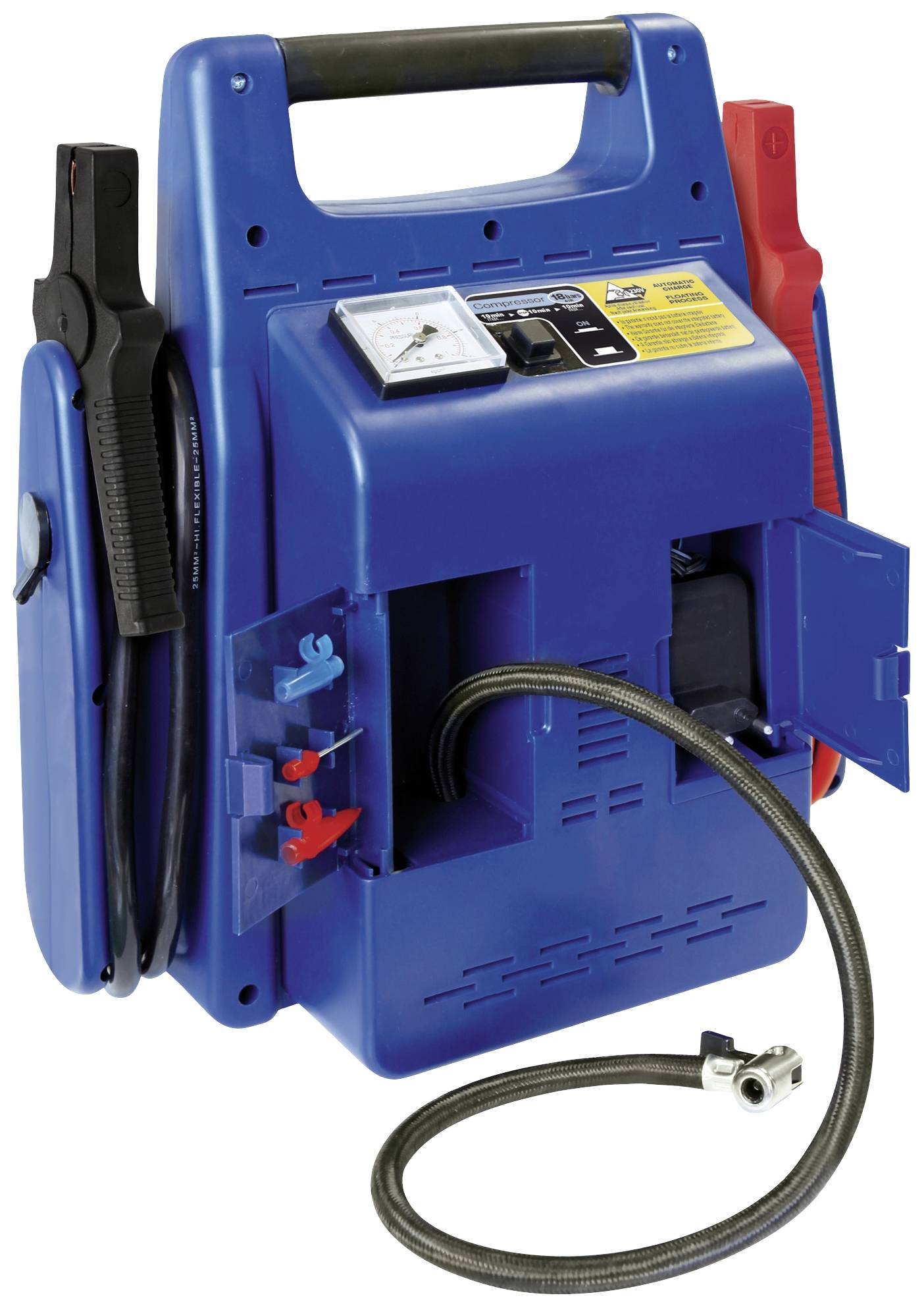 Przenośne urządzenie rozruchowe w kolorze niebieskim, wyposażone w wbudowany manometr, zaciski akumulatorowe i przewód powietrzny, przeznaczone do serwisu samochodowego.